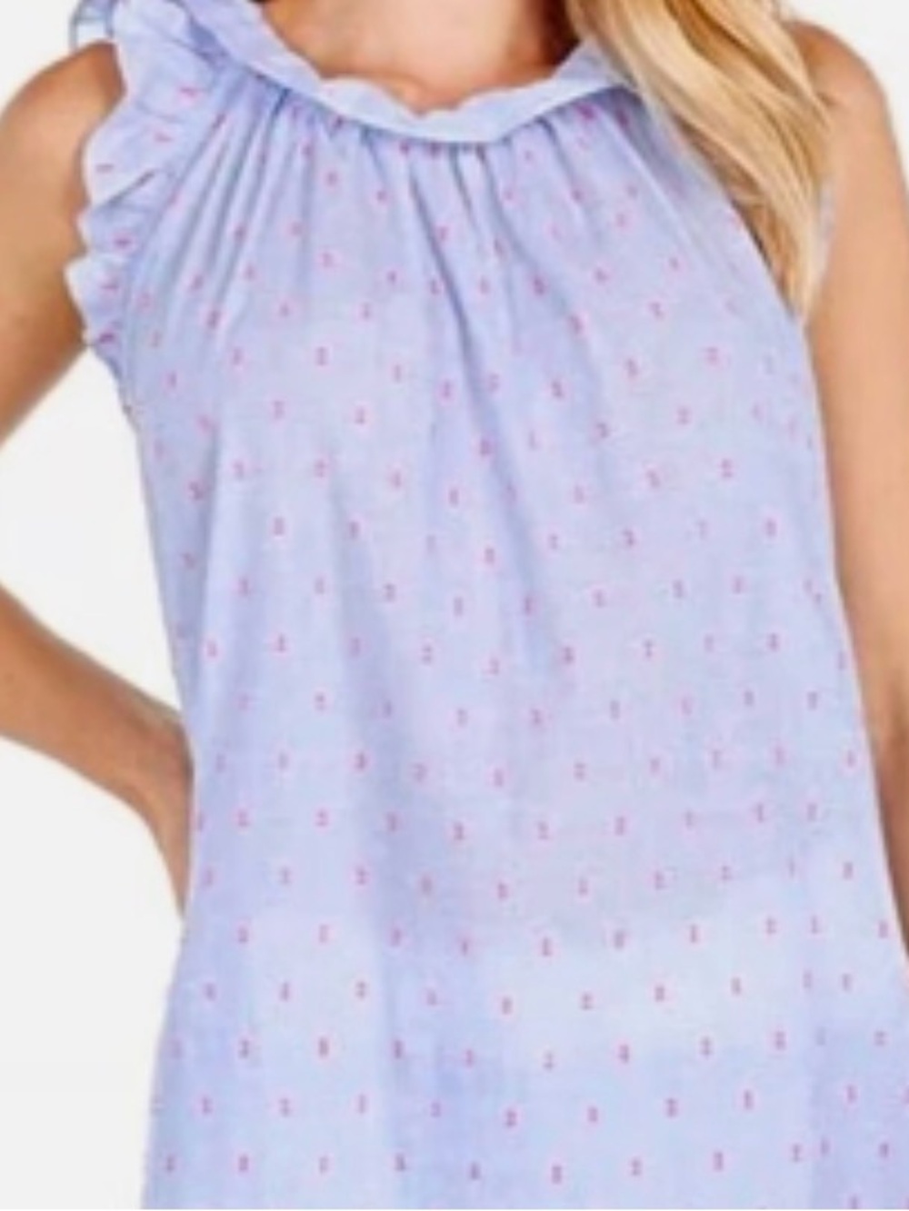 Lilly Pulitzer Light Blue Sleeveless Ruffle Neck Tunic with Pink Print
